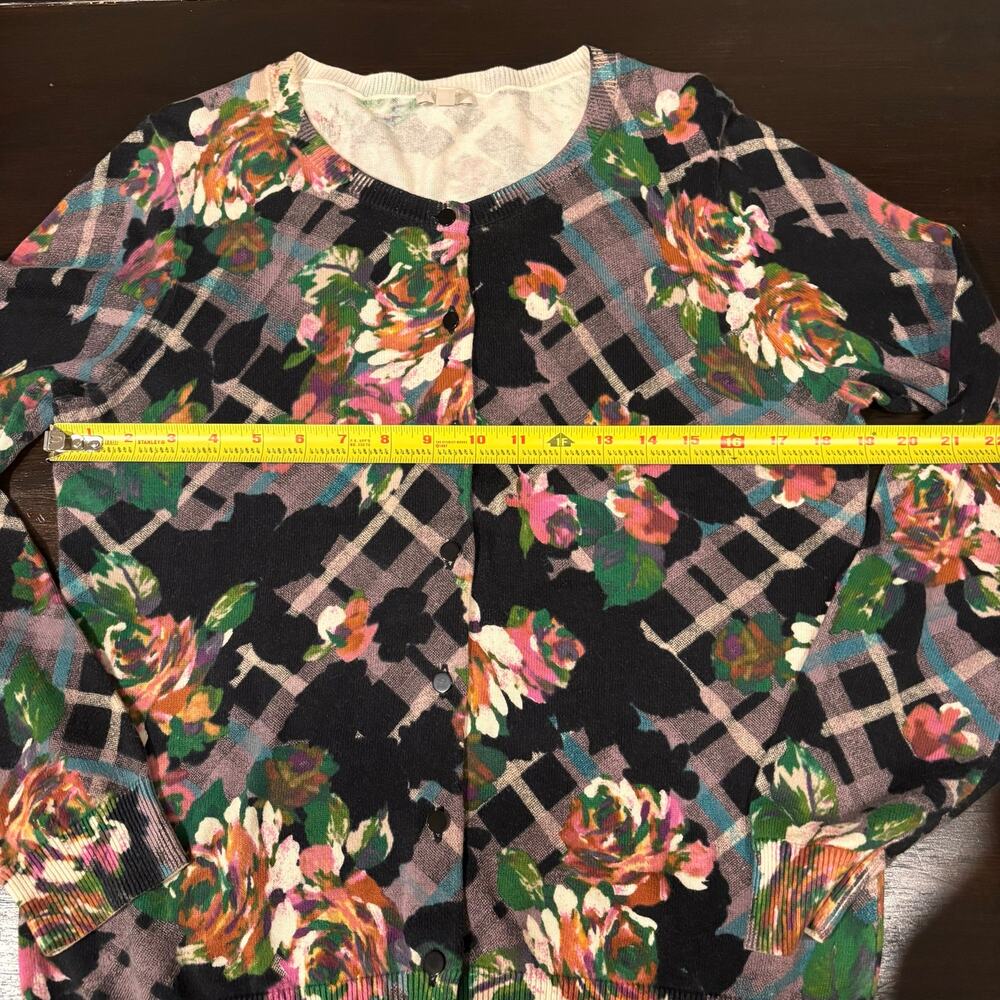 Talbots Floral Plaid Crewneck Cardigan Sweater- size M- eclectic preppy - Picture 4 of 5